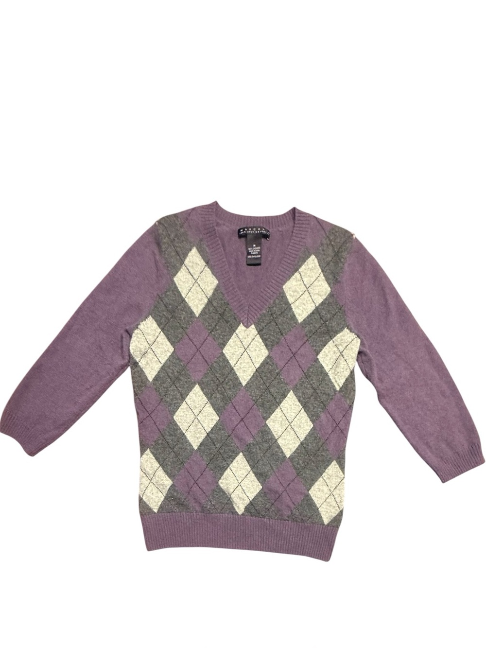 Marconi Cashmere Women’s Argyle V-Neck Sweater in Purple Grey Cream Size Medium